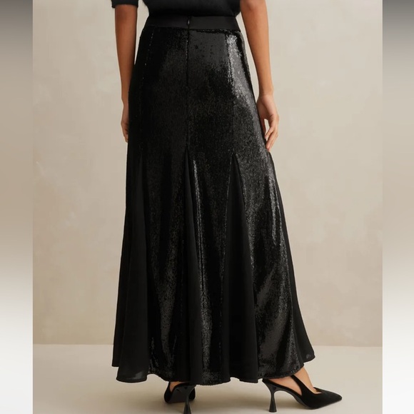 ✌️sold✌️Nwt ME+EM Sequin + Georgette Godet Maxi Skirt Sequinned Satin Black 10 - Picture 10 of 16